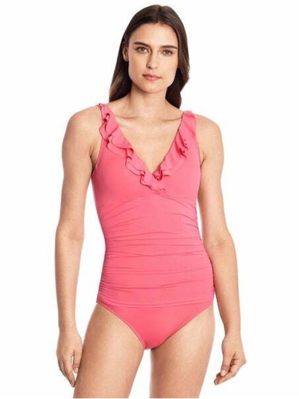 Ruffled V-Neck One-Piece Swimsuit - Coral Pink Size 10